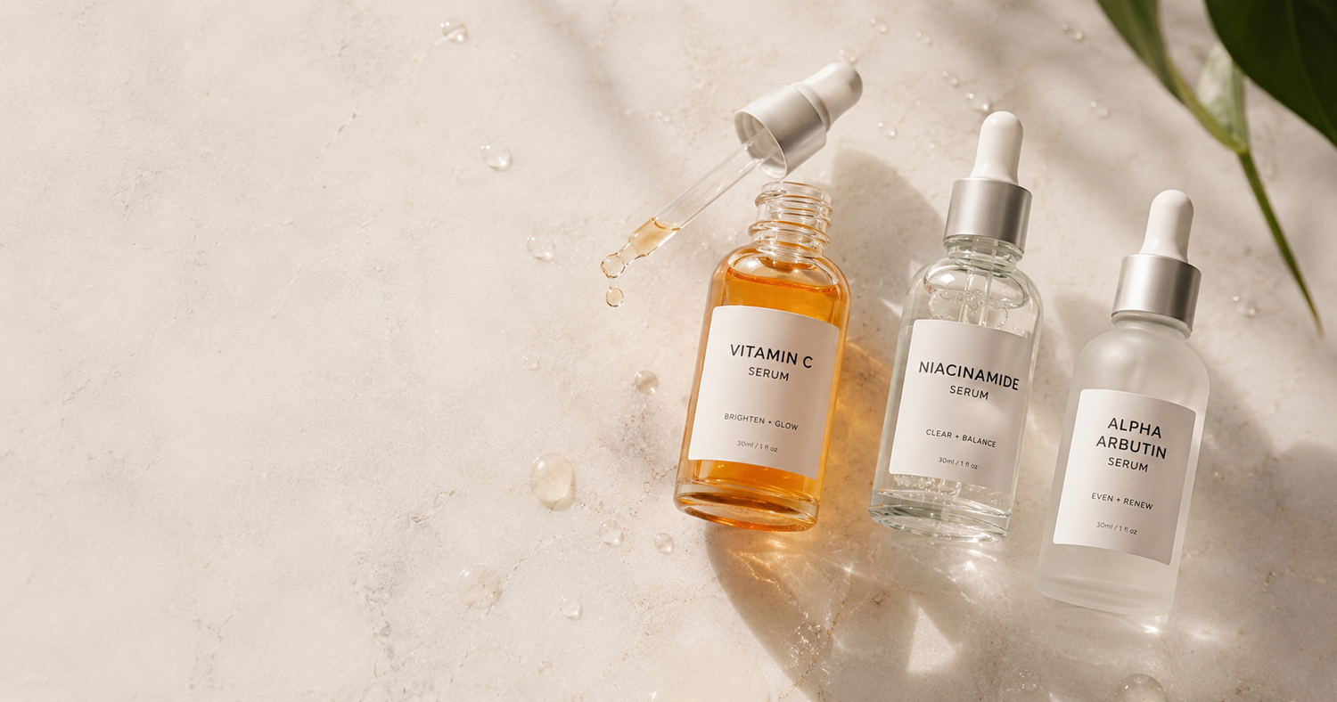 Flat lay of niacinamide, alpha arbutin, and vitamin C serums for dark spot treatment on Indian skin