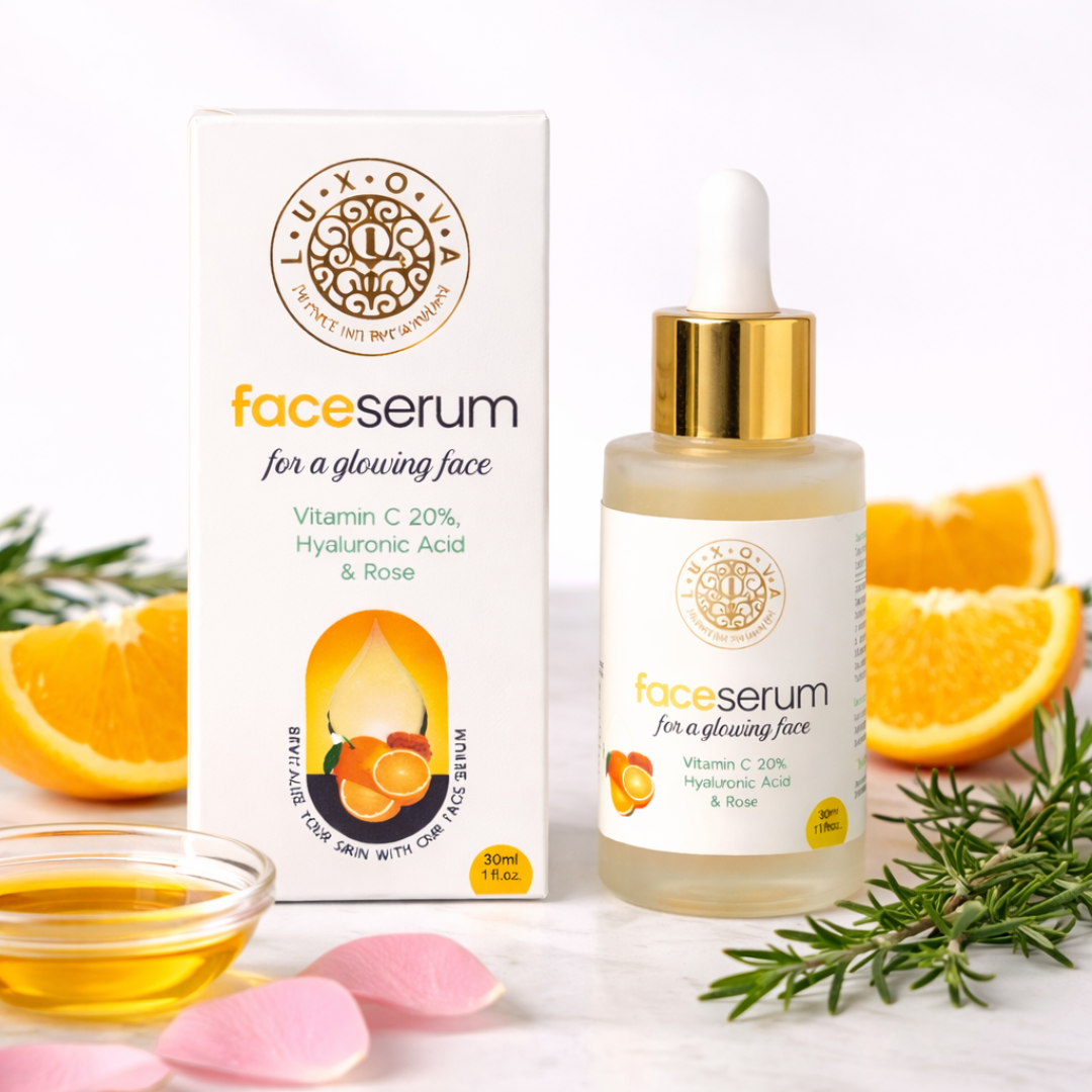Luxova Vitamin C face serum bottle used to compare niacinamide vs vitamin C in a skincare routine