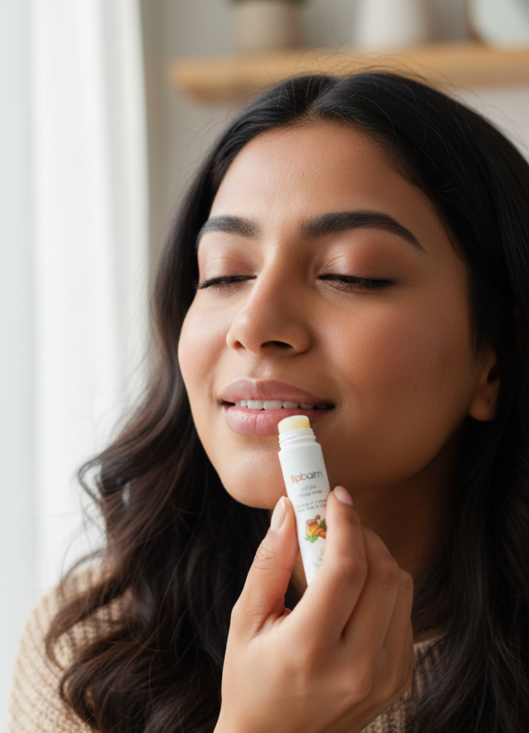 Woman applying a lip balm with a blurred background