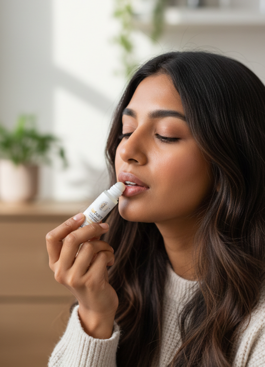 Woman applying lip balm indoors with a blurred background