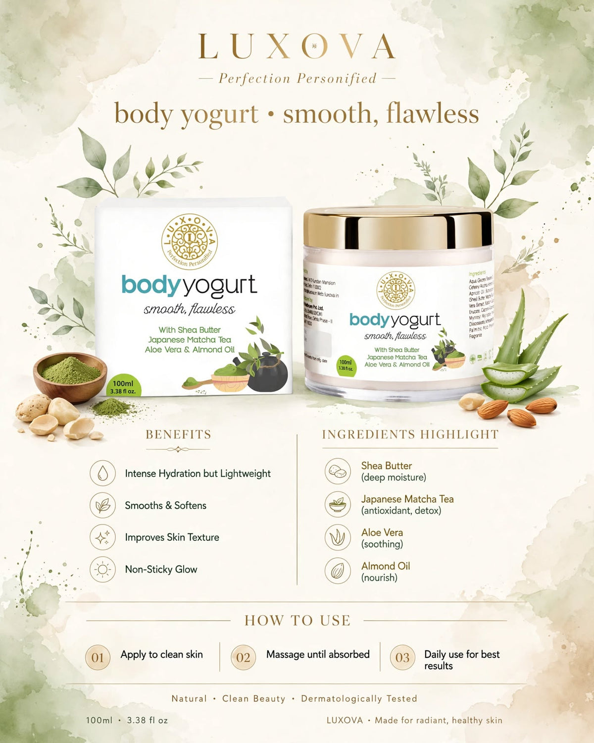 LUXOVA Matcha Tea Body Yogurt for Daily Hydration