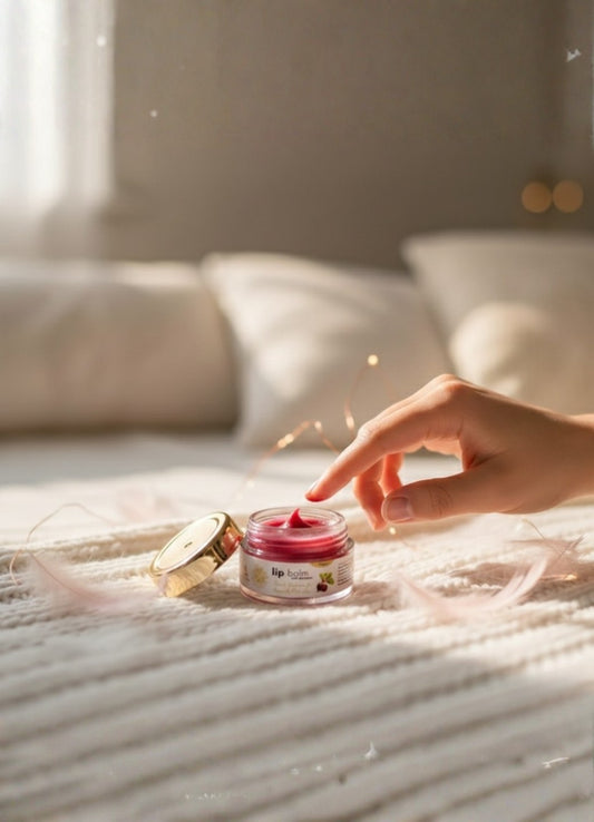 Hand interacting with a small jar of pink cream on a soft surface