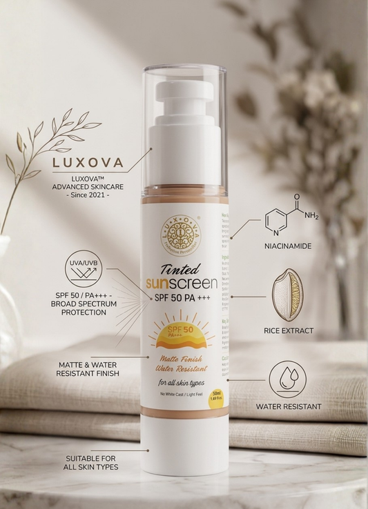 Tinted sunscreen bottle with Luxova branding and product features on a neutral background