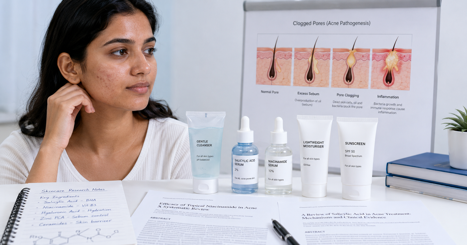 Indian woman applying niacinamide serum on oily skin in morning skincare routine