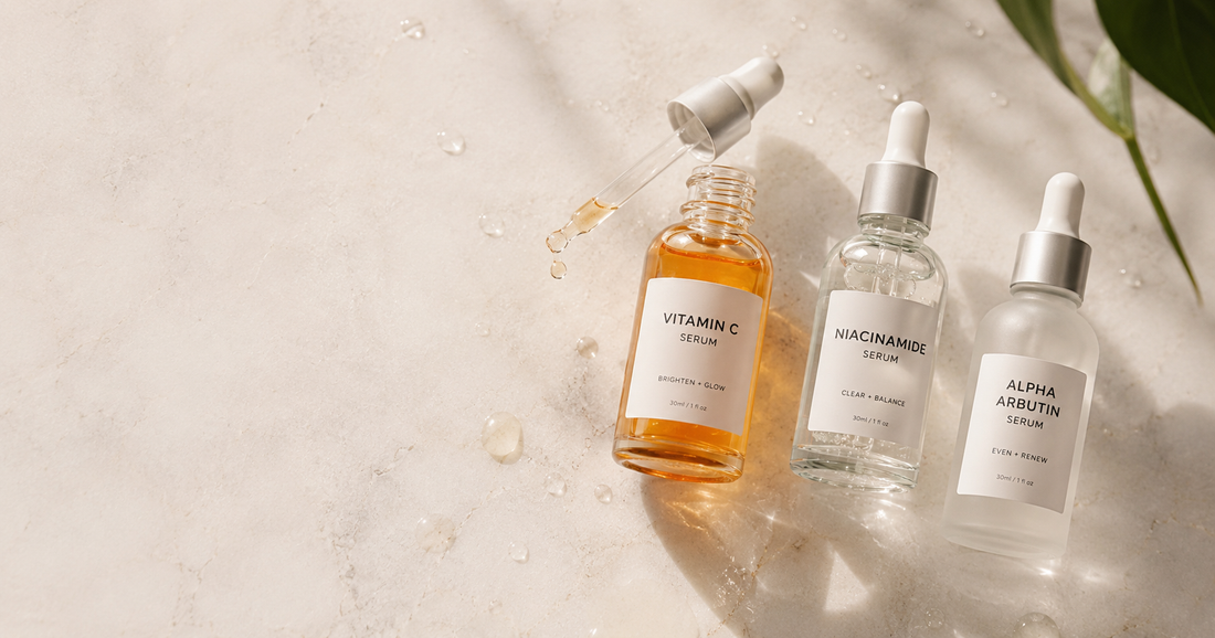 Flat lay of niacinamide, alpha arbutin, and vitamin C serums for dark spot treatment on Indian skin