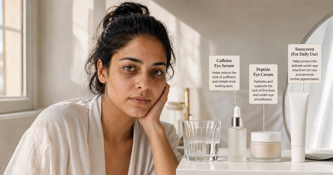 Indian woman with visible dark circles and puffiness looking at camera under natural light