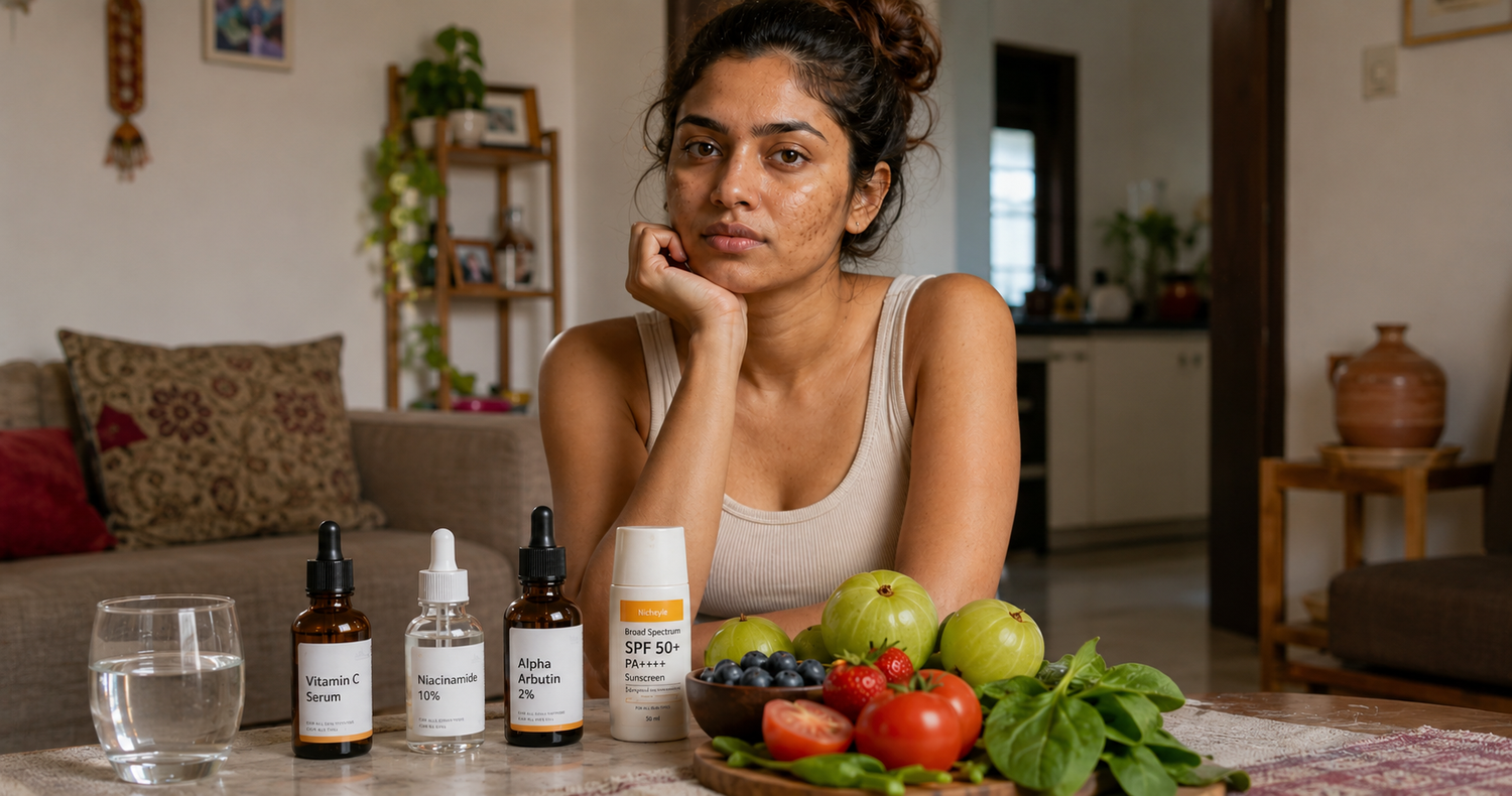 Indian woman applying vitamin C serum on face with uneven skin tone and dark patches