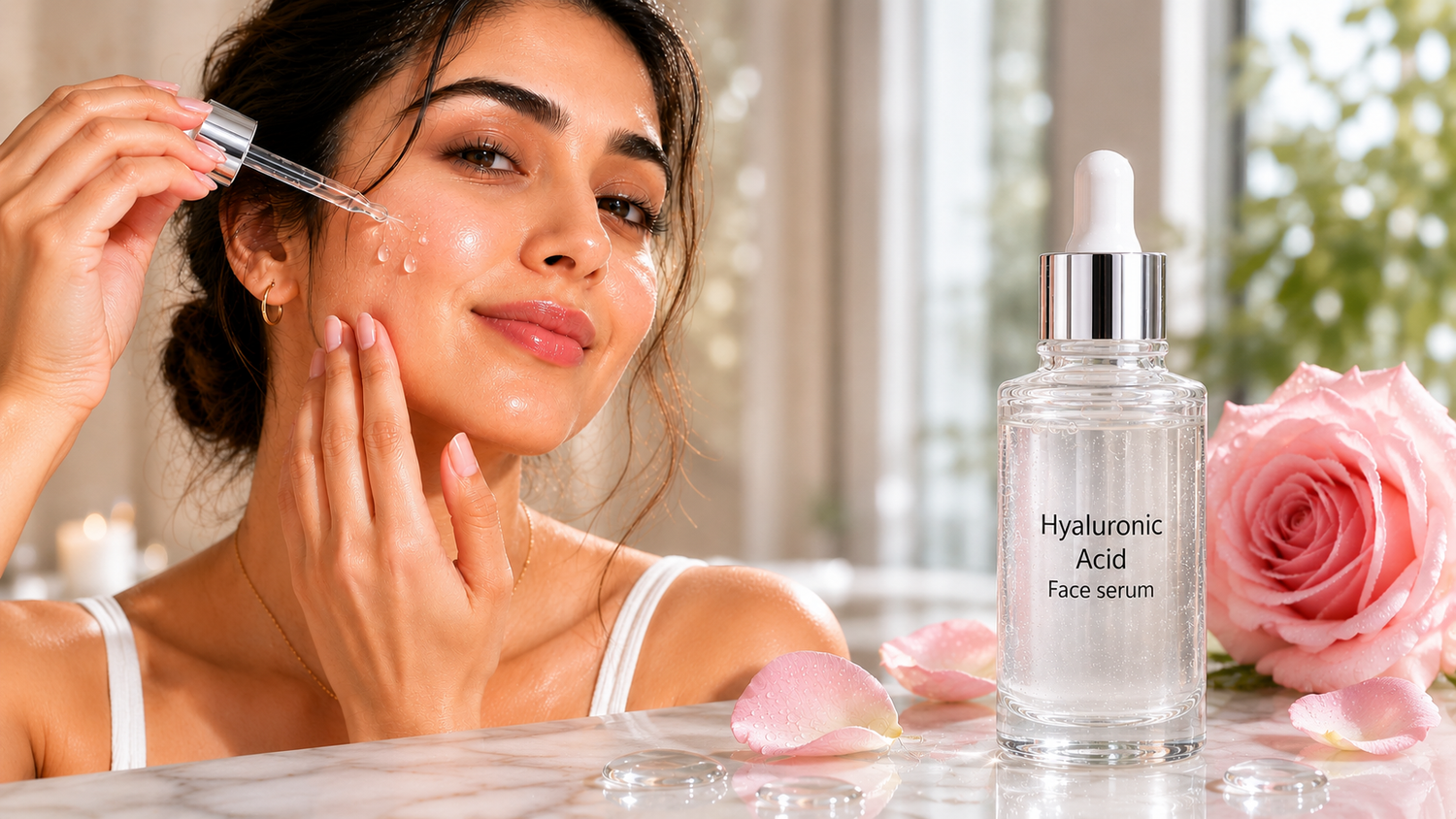 Indian woman applying hyaluronic acid face serum for hydrated glowing skin
