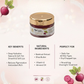 Lip balm container with key benefits, natural ingredients, and usage information on a decorative background.