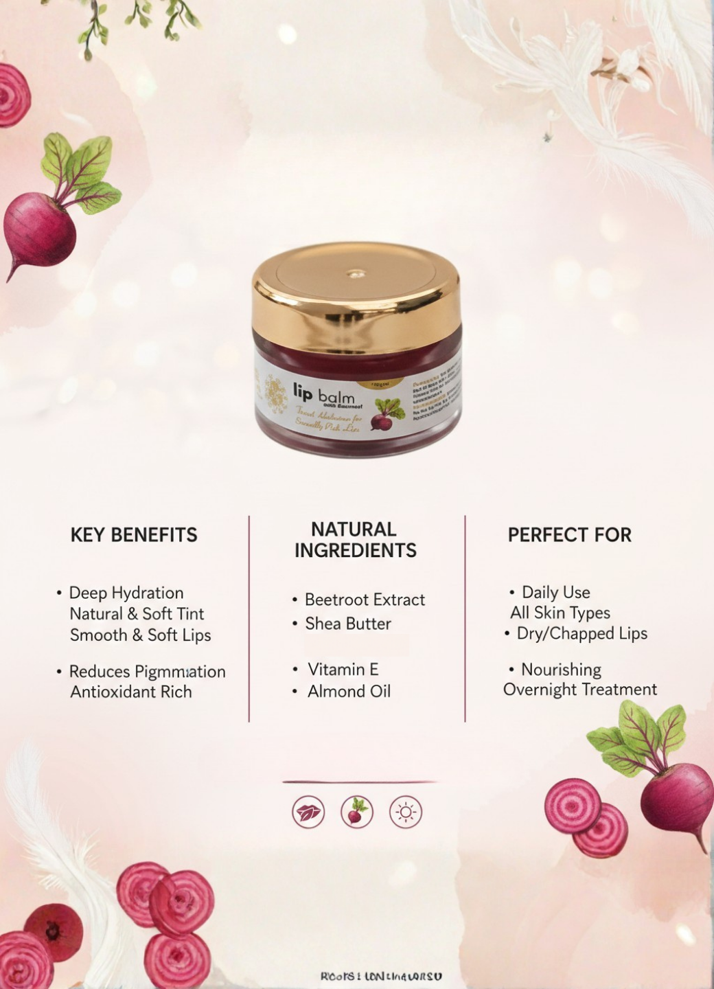 Lip balm container with key benefits, natural ingredients, and usage information on a decorative background.