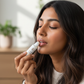 Woman applying lip balm indoors with a blurred background