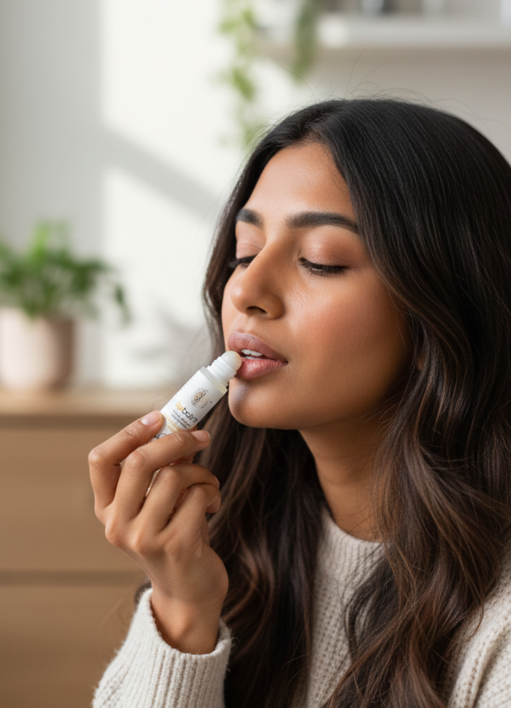 Woman applying lip balm indoors with a blurred background