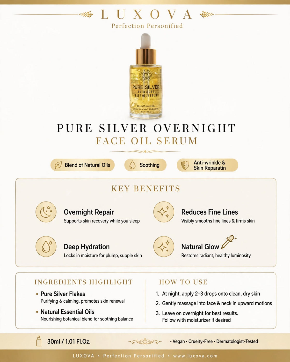 Luxova Pure Silver Overnight Face Oil Serum