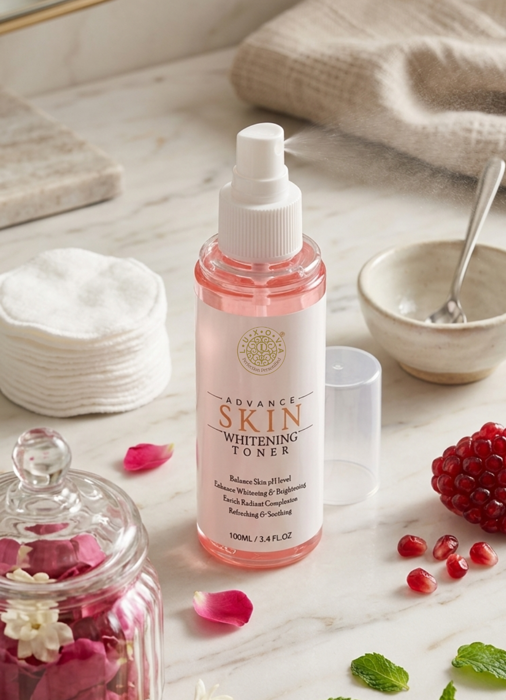 Skincare toner bottle with pink liquid on a wooden surface with flowers and a towel.