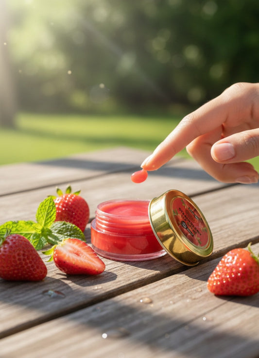 Lip balm with strawberries on a wooden surface