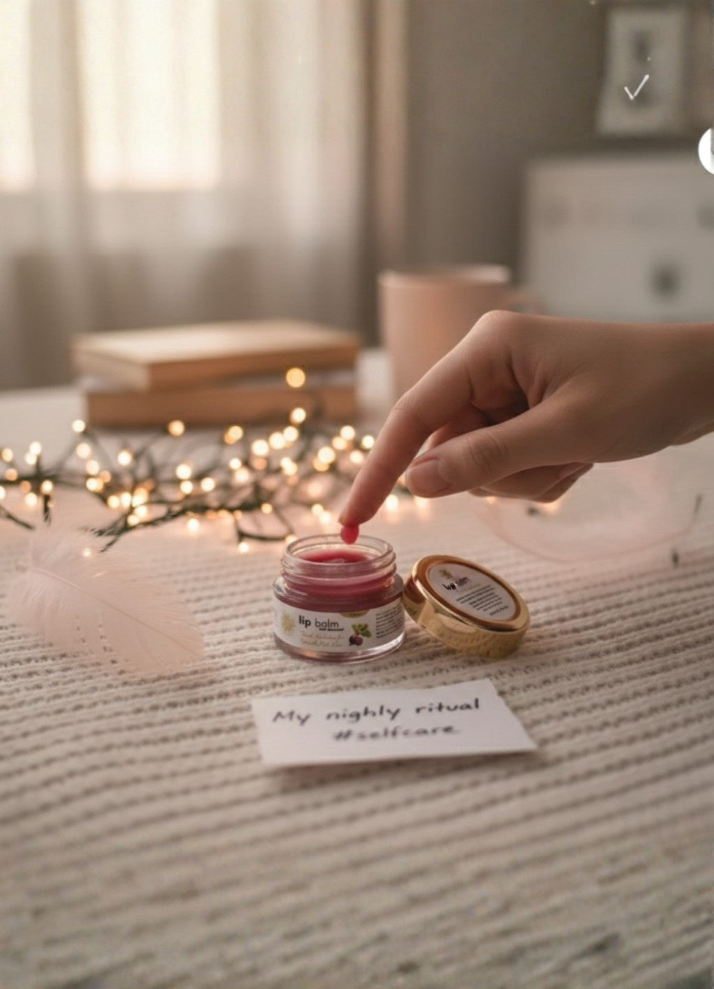 Hand applying a product from a jar labeled 'My nightly ritual' on a textured surface with blurred lights in the background.