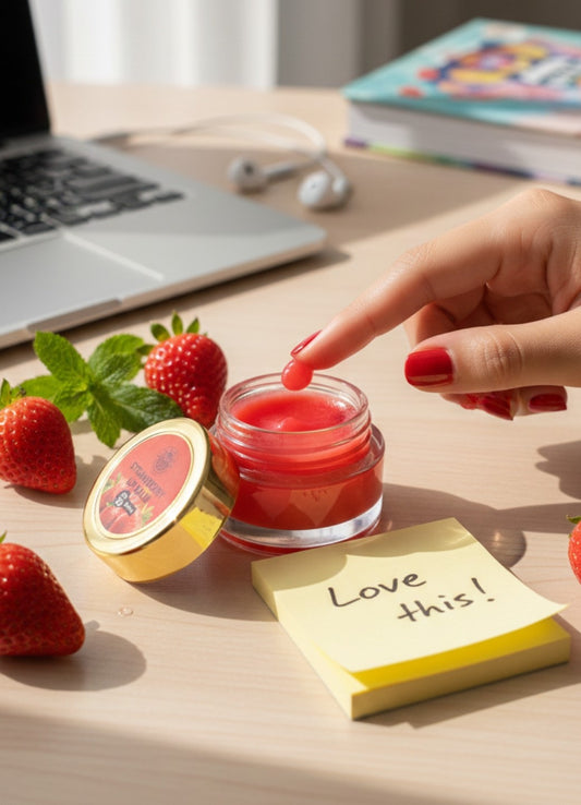 Hand applying luxova red lip balm to a small jar with strawberries and a laptop in the background