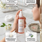 Skincare product with text highlighting benefits on a marble surface