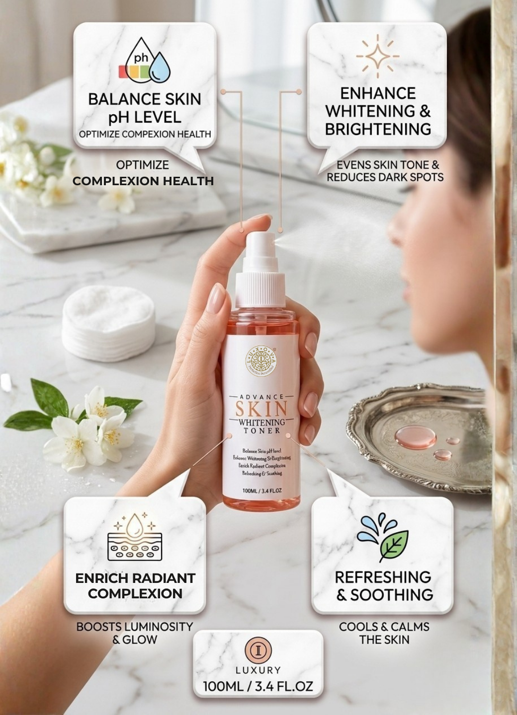 Skincare product with text highlighting benefits on a marble surface