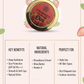 Strawberry lip balm with packaging and product details on a light pink background