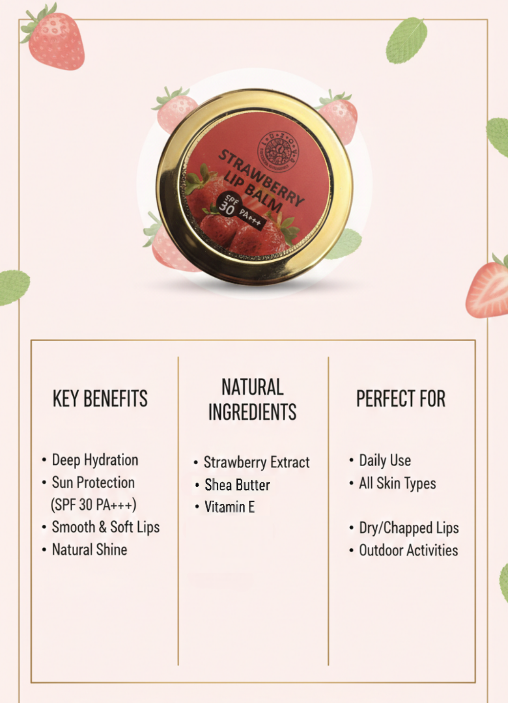 Strawberry lip balm with packaging and product details on a light pink background