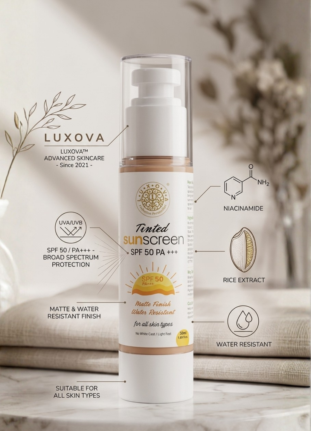 Tinted sunscreen bottle with Luxova branding and product features on a neutral background
