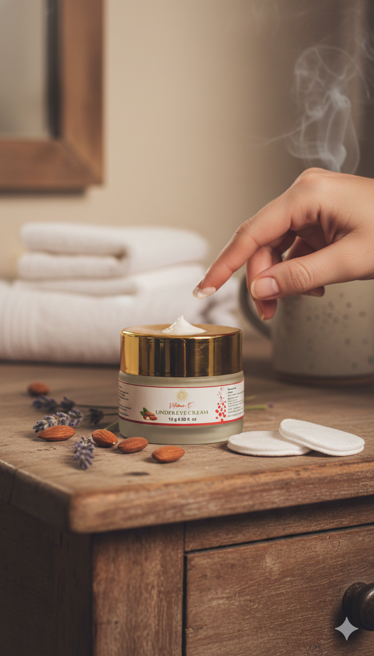 Hand lighting a candle next to a jar of cream on a wooden surface.