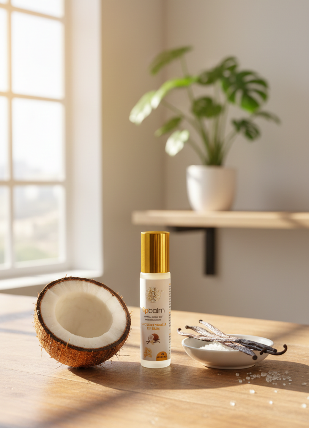 Coconut oil bottle, half-coconut, and vanilla beans on a wooden surface with a plant in the background.
