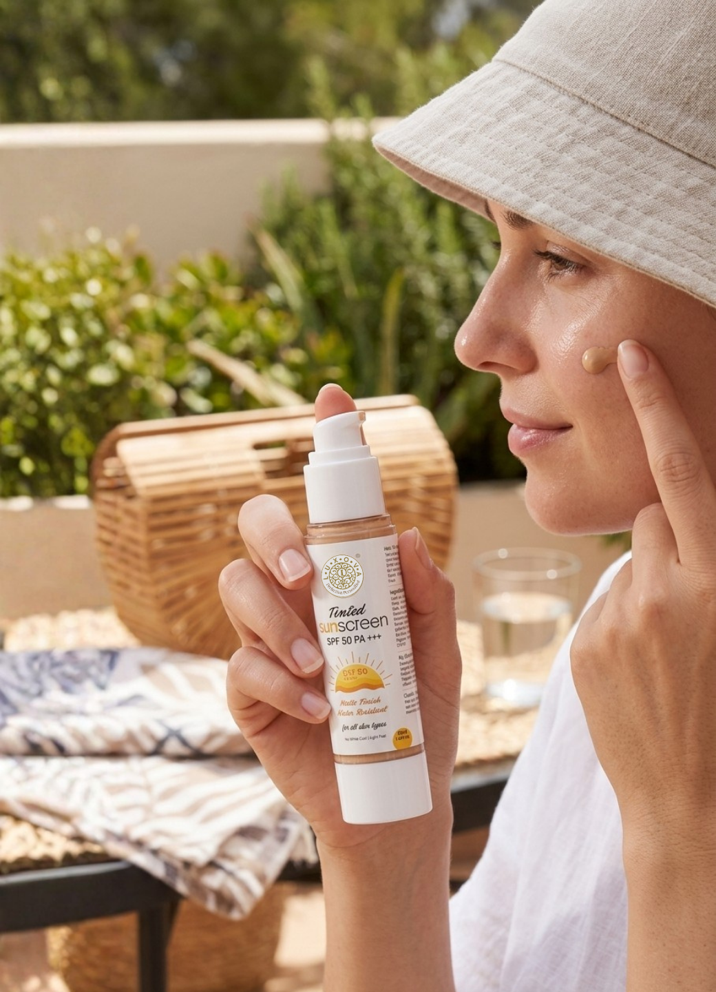 Woman applying sunscreen with a bottle of sunscreen on a patio